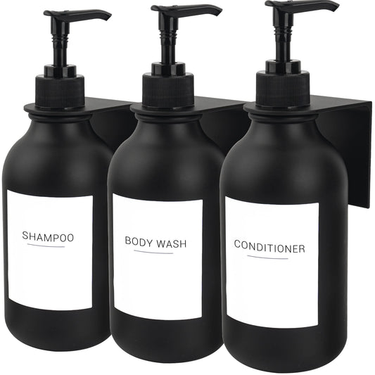 Ezebesta Pack of 3 Black 500ml Soap Lotion Pump Dispensers with 22 Labels and 3 Wall-Mounted Rack Bathroom Organization