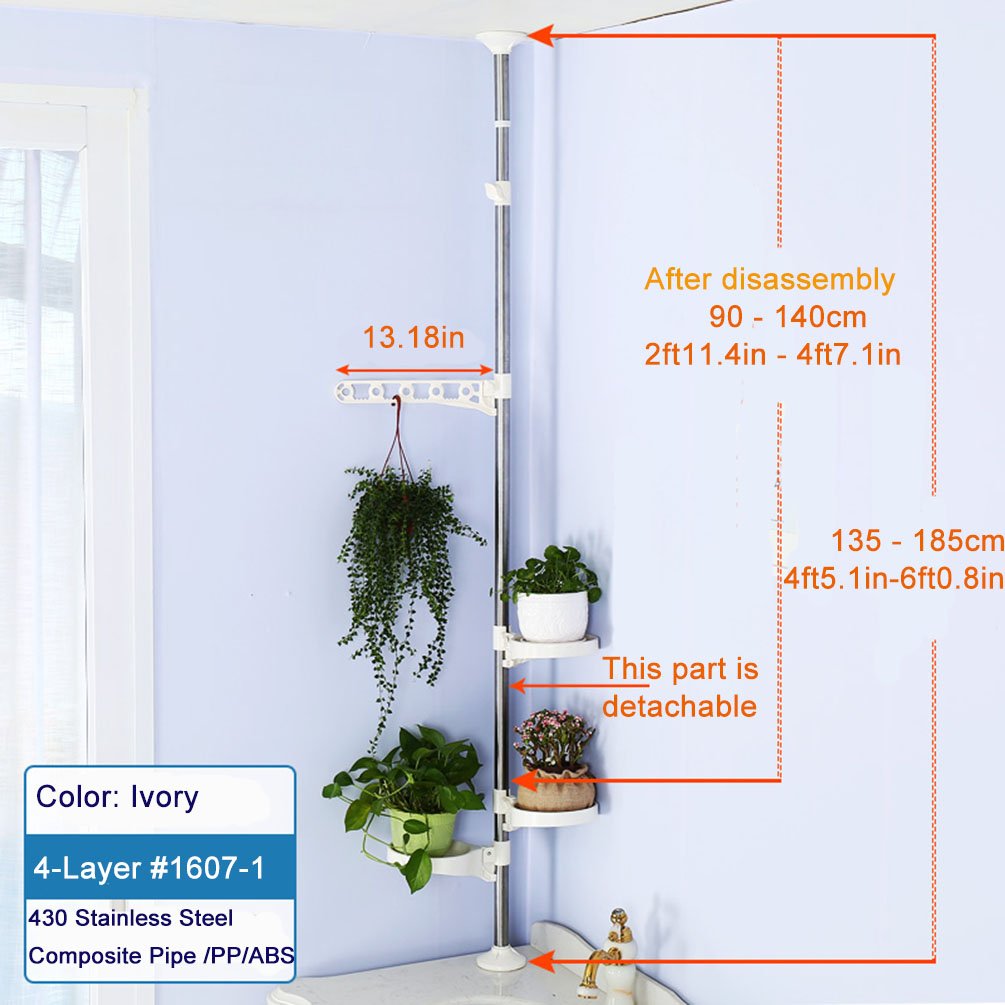 BAOYOUNI Indoor Plant Pole Stand Tension Rod Hanger Window Sill Flower Display Rack Holder Adjustable Corner Vertical Storage Organizer with 3 Trays &