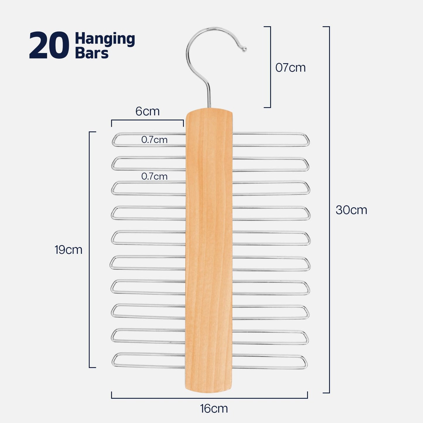 Tie Hanger for Wardrobe | Wooden Tie Organiser for Men with 20 Non-Slip Chrome Bars