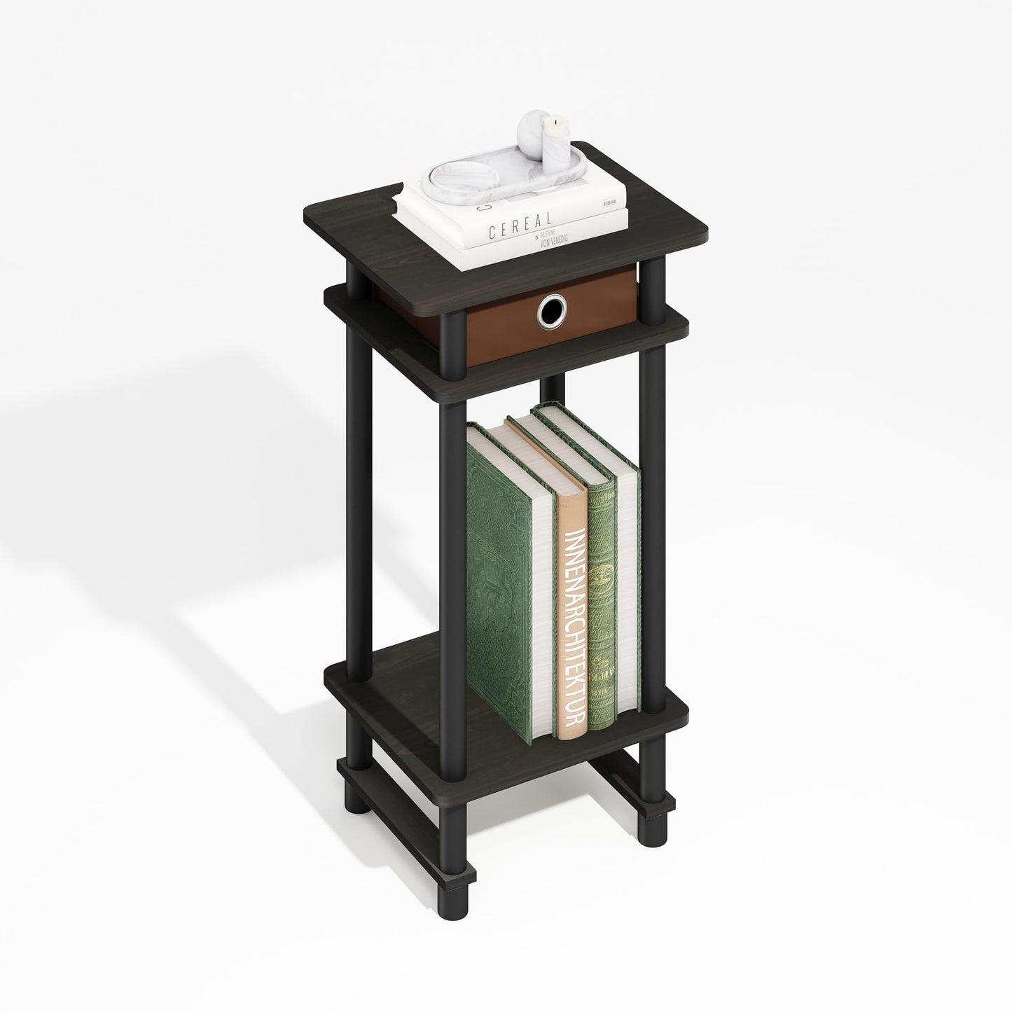Furinno TURN-N-TUBE Side Table, 3-Tier End Table with Storage Bin, Open Shelf Night Stand, Bedside Table, Toolless Assembly, for Living Room, Bedroom