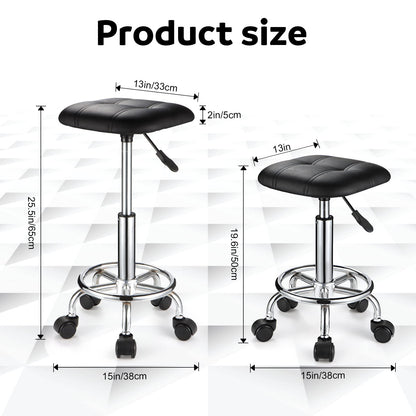 FNZIR Square PU Cushion Rolling Stool with Wheels Height Adjustable Swivel Stools Chair Black