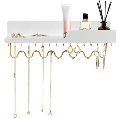 Lampaggio 29 Hooks Wall Mount Necklace Holder Organizer, White Decorative Wood Jewelry Shelf with Gold Metal Wave Bar and Guardrail for Necklace