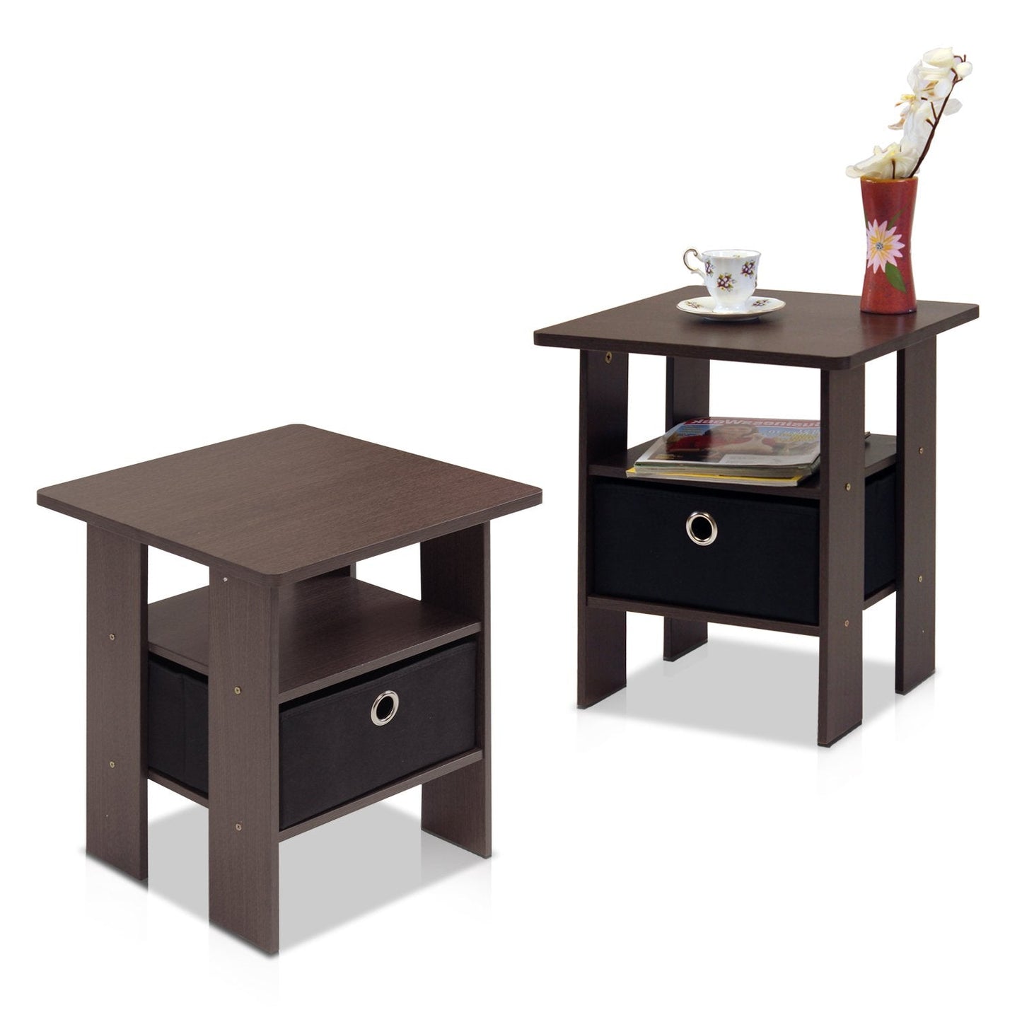 Furinno ANDREY Side Table, Set of 2 End Table, Night Stand with Open Shelves and Storage Bin, Bedside Table, for Living Room, Bedroom, Columbia Walnut