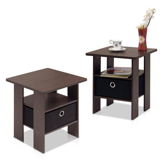 Furinno ANDREY Side Table, Set of 2 End Table, Night Stand with Open Shelves and Storage Bin, Bedside Table, for Living Room, Bedroom, Columbia Walnut