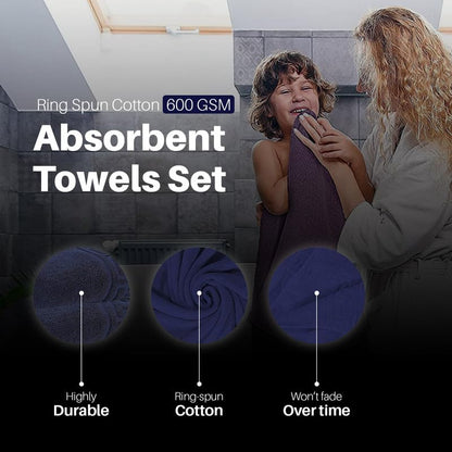 DTEX HOMES 8 Piece Towel Set 100% Egyptian Cotton 500 GSM, 2 Bath Towels, 2 Hand Towels, 4 Washcloths - Navy Blue