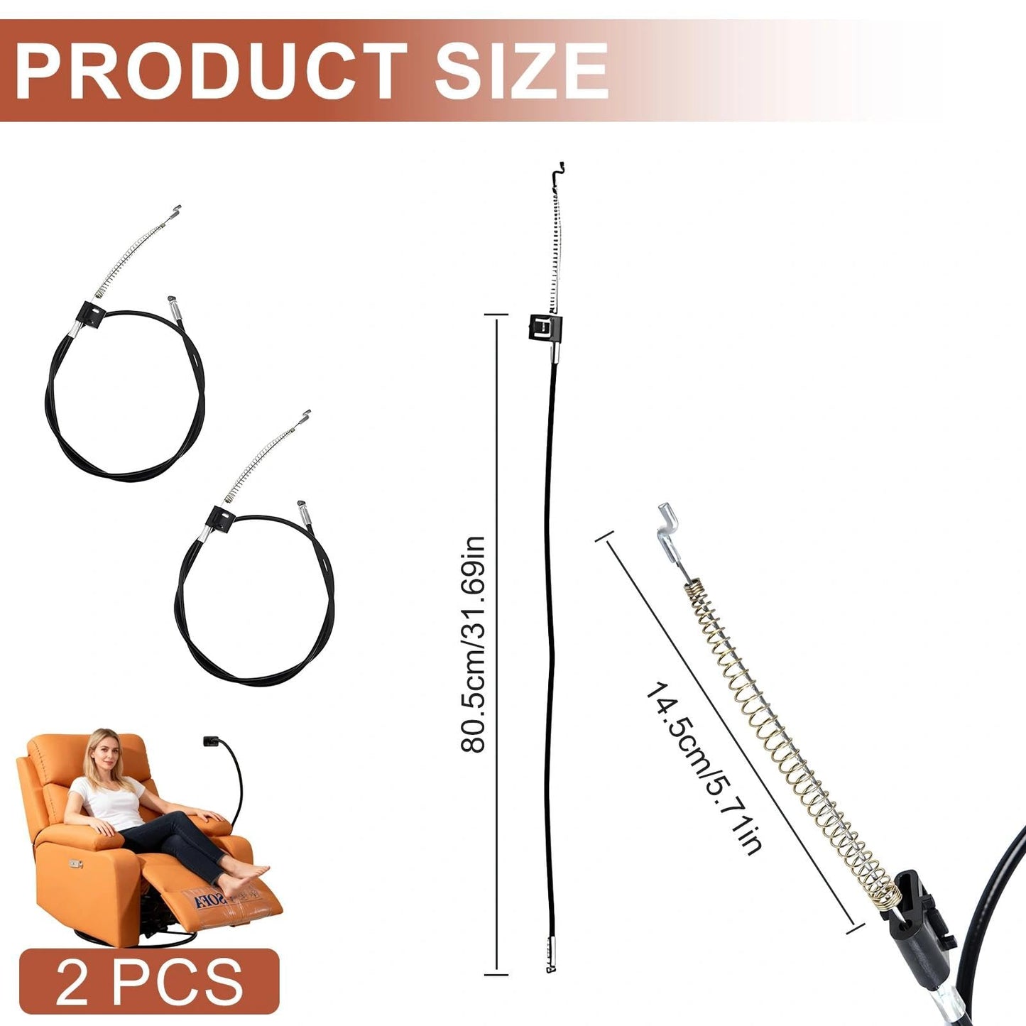 JIESHEPR 2 Pcs Recliner Chair Cable Replacement with Metal Pull Handle, Durable Sofa Release Lever Kit Compatible with Massage Chairs