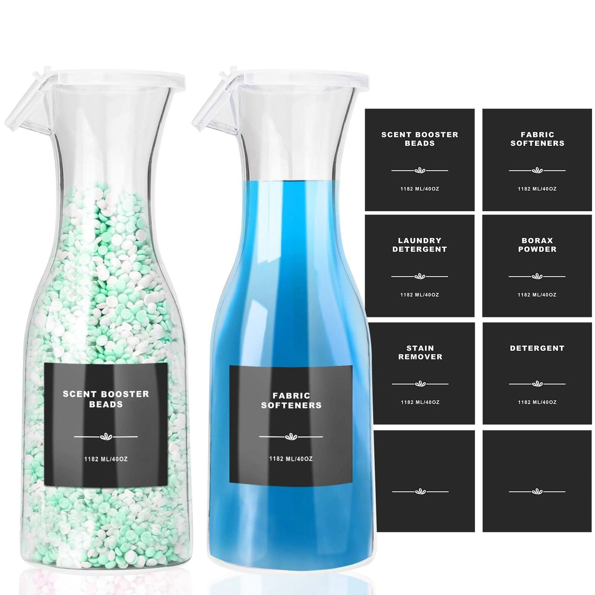 Sunal Liquid Laundry Detergent Dispenser, 1182ml Fabric Softener Storage Bottle,Scent Booster Beads Container with 8 Waterproof Label for Laundry Room