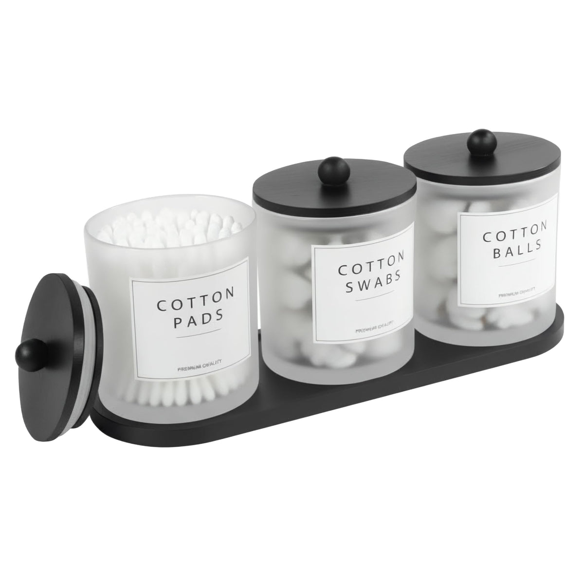 3 Pack Cotton Bud Holder Dispenser - Glass Apothecary Jars with Bamboo Lids, Cotton Ball Pad Round Holder, Floss Pick Containers