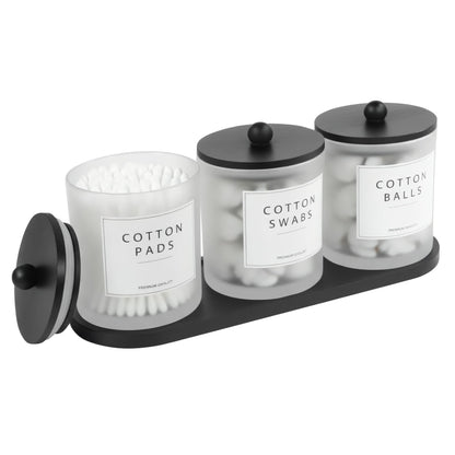 3 Pack Cotton Bud Holder Dispenser - Glass Apothecary Jars with Bamboo Lids, Cotton Ball Pad Round Holder, Floss Pick Containers