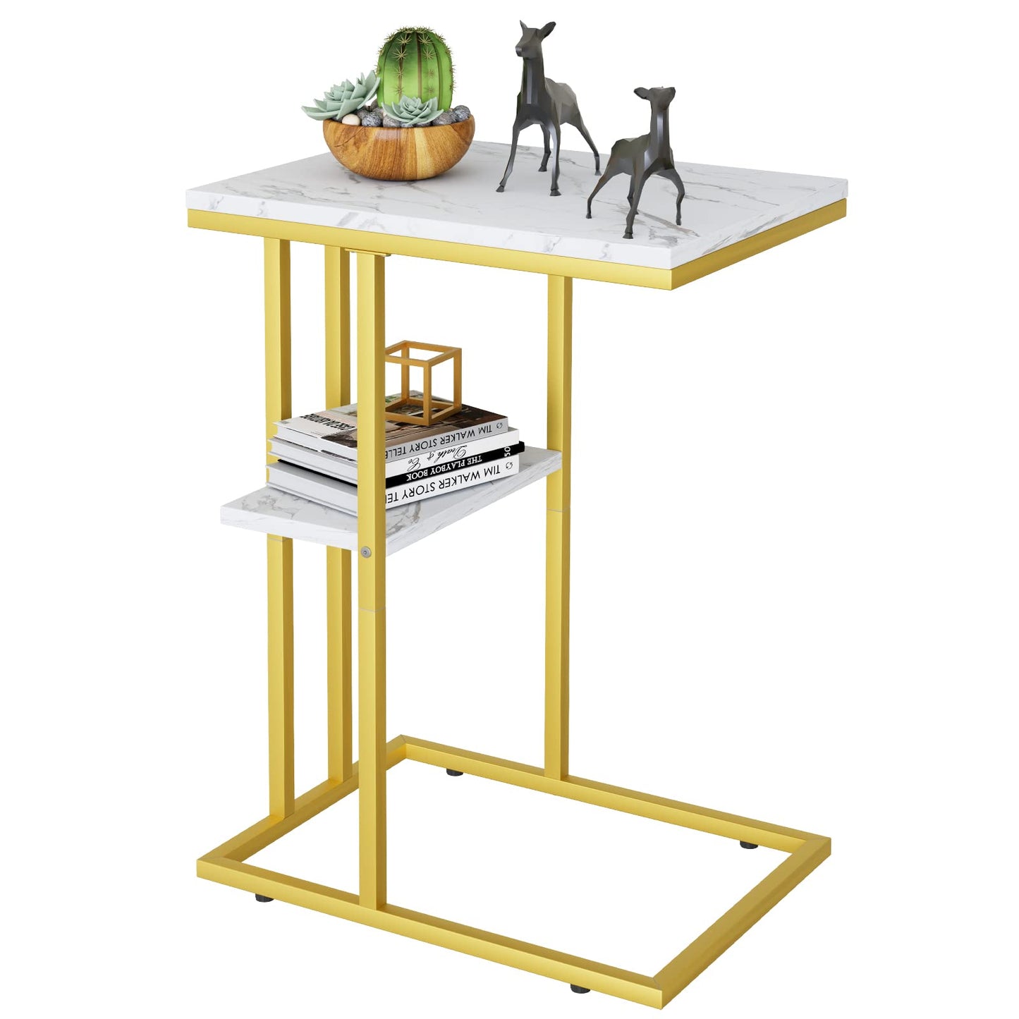 C Shaped End Table, Side Table, Sofa Table, Coffee Table Under Sofa, Small Couch Snack Tables, Bedside Tables with Metal Frame for Living Room