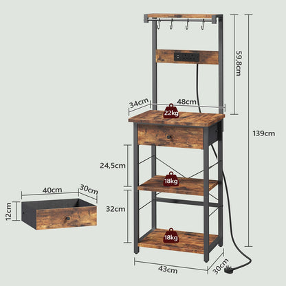 MAHANCRIS Bakers Rack, Microwave Stand, Coffee Bar Station, Kitchen Storage Shelf Rack with Drawer and Power Strip, 4 Hooks, for Kitchen, Living Room