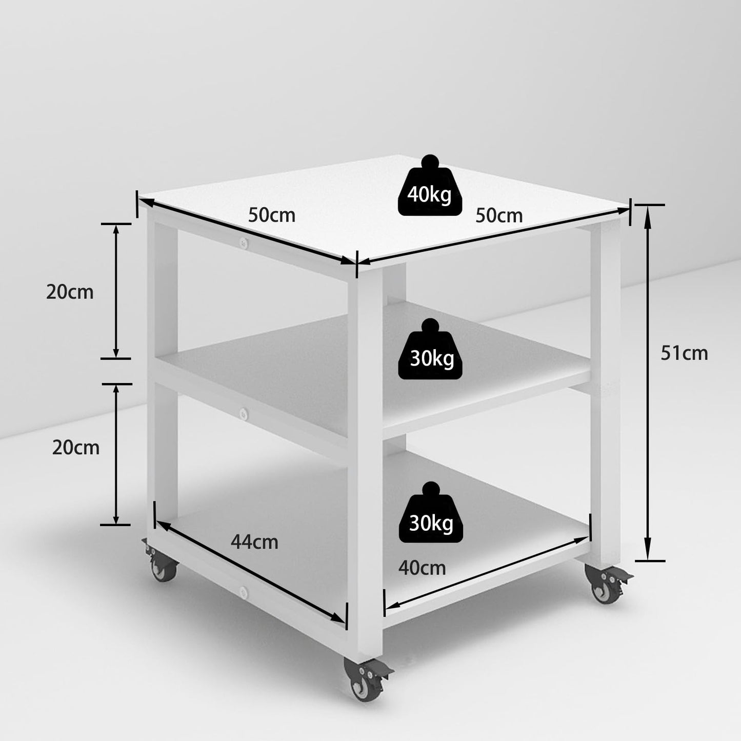 PUNCIA 3-Tier Laser Printer Stand with Storage 50x50x57.5cm Large Printer Table on Wheels Under Desk Storage Trolley Heavy Duty Rolling Cart Movable
