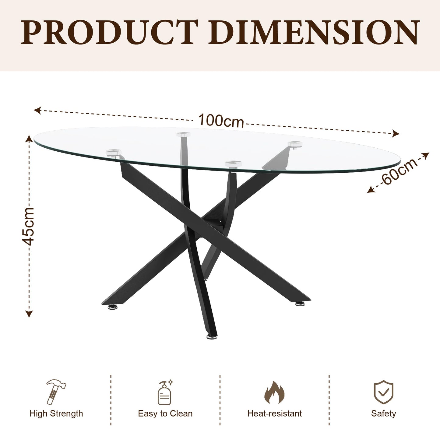 GOLDFAN Oval Glass Coffee Table with Black Metal Legs, Modern Clear Tempered Glass Centre Table for Living Room, Office or Apartment