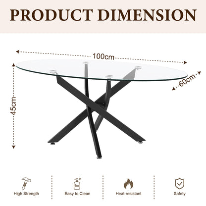 GOLDFAN Oval Glass Coffee Table with Black Metal Legs, Modern Clear Tempered Glass Centre Table for Living Room, Office or Apartment