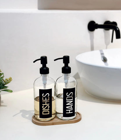 JASAI Classy Black Dish and Hand Soap Dispenser Set of 2 18OZ Glass Dish and Hand Soap Dispenser for Kitchen and Bathroom