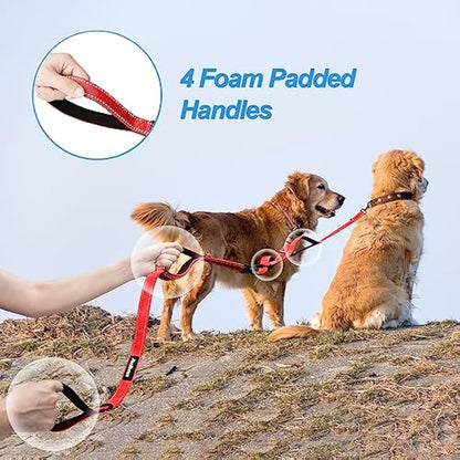 PetBonus Double Dog Leash, No Tangle Dual Leash, Reflective Walking Training Lead, 4 Comfortable Padded Handles for 2 Dogs with Collapsible Bowl and Waste Bags (Red, Large)