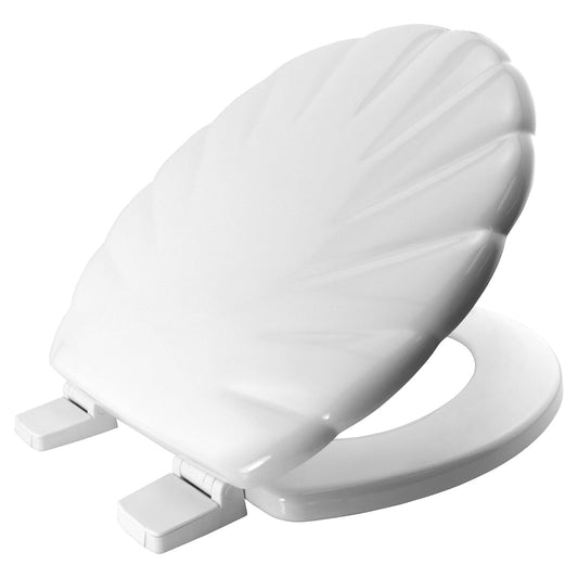 Bemis Shell Ultra-Fix White Toilet Seat. Wooden Toilet Seat Coated with Water Based Paint for Easy Clean. Shell Design & Plastic Hinges. Universal,