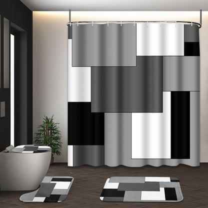 Tayney Grey Geometric Shower Curtain Set with Toilet Lid Cover and Non-Slip Rugs for Bathroom, Black White Checkered 4 Pcs Shower Curtain
