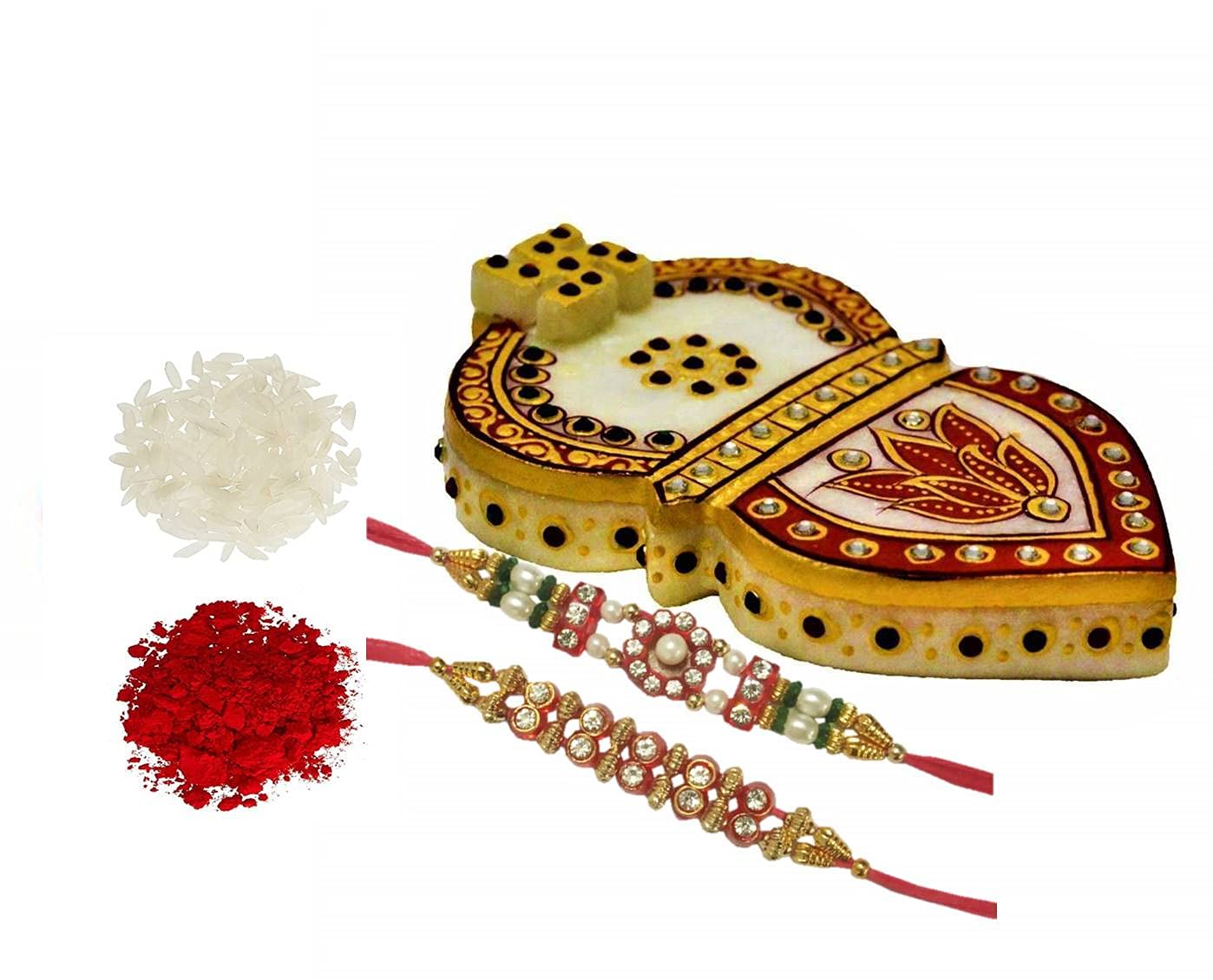 Purpledip Bhai Dooj Rakhi Hamper: Marble Roli Chawal Holder Kumkum Box Shaped Like Kalash