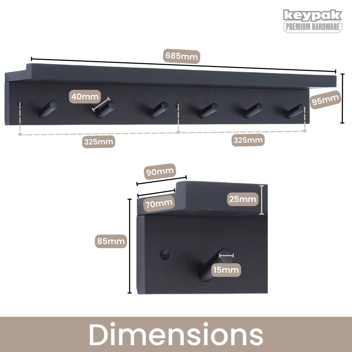 keypak 6 Coat Hooks with Shelf, 68cm Wooden Floating Shelf with Lip