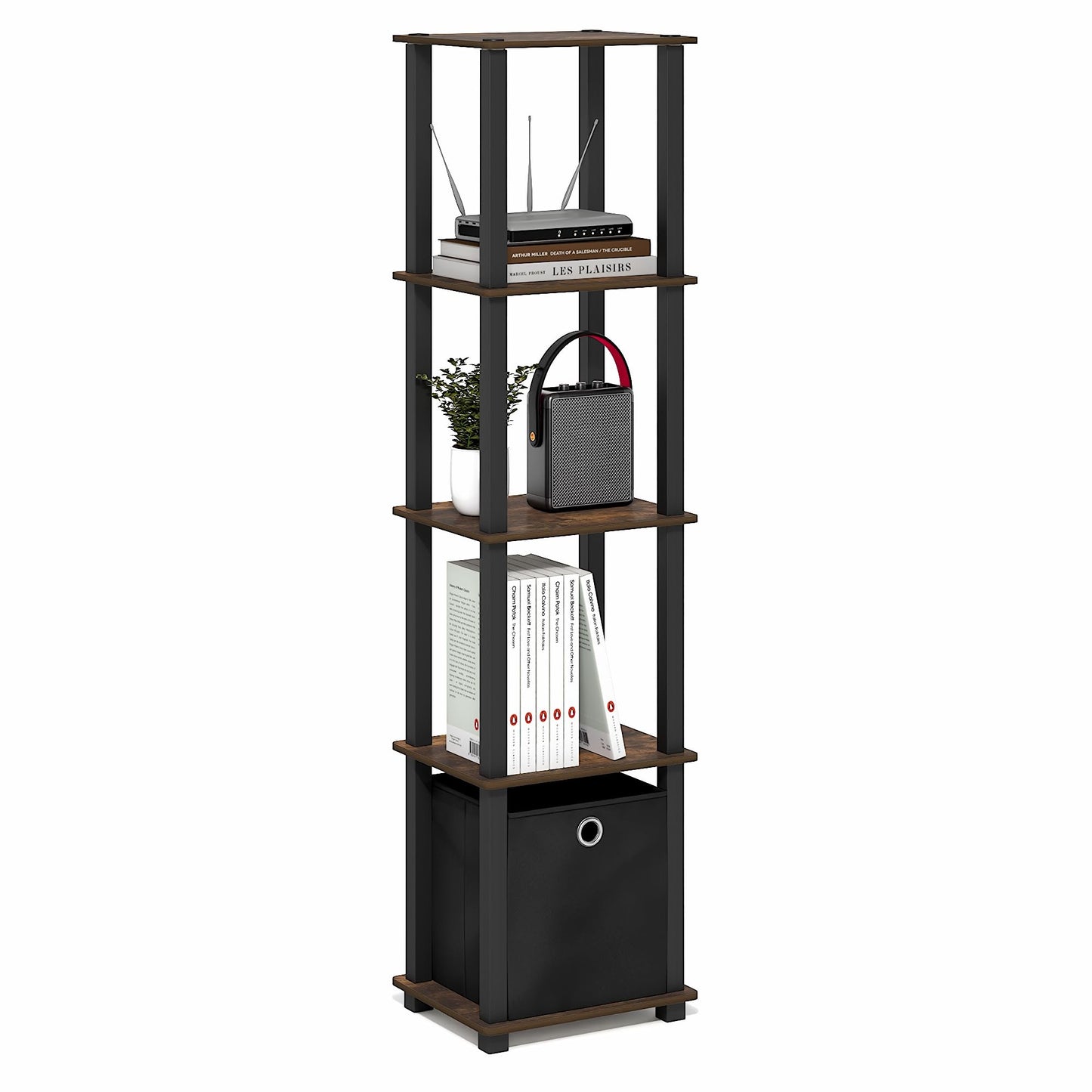 Furinno TURN-N-TUBE Book Shelf, 5-Tier Square Open Frame Display Shelf, Corner Storage Shelves with Storage Bin, Shelving Unit, for Organization