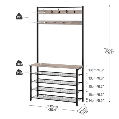 HOOBRO Coat Stand, Coat Rack with Shoe Storage, Free Standing Hall Tree with 9 Hooks, Shoe and Coat Rack for Hallway, Entryway, Metal Frame, Sturdy