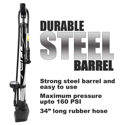 BV Bicycle Pump Durable Steel Bike Floor Pump 17/24 inch Smart Valve Head, 160 psi, Automatically Reversible Presta and Schrader (Black- Full Size)
