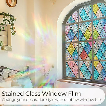 Beautysaid Rainbow Privacy Window Film: Stained Glass, No-Glue Frosted Window Film, Static Cling Film (Multicolor, 90x300cm