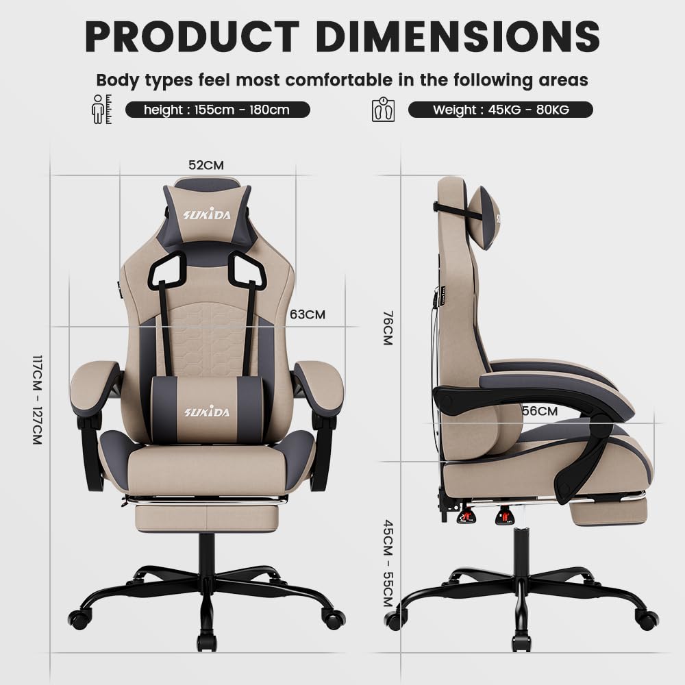 SUKIDA Ergonomic Gaming Chair for Adult, Comfortable Desk Chair with Massage, Comfy Headrest and Lumbar Support Pc Office chairs with Footrest