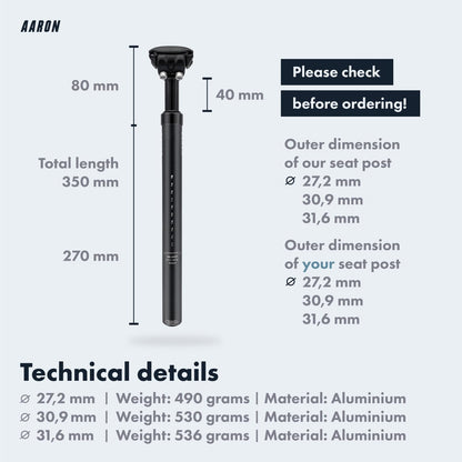 AARON - Spring Suspension Bike Seat Post - Aluminum Saddle Seatpost for E Bicycle, MTB, Trekking Bikes, City Bikes - 27.2mm Diameter, 13.8" (350mm)