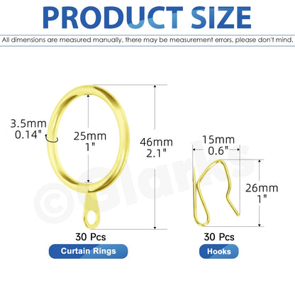 Glarks 30 Sets 25mm/1inch Golden Metal Drapery Curtain Hanging Rings Set, includes 30pcs Curtain Rings and 30pcs Drapery Pin Hooks