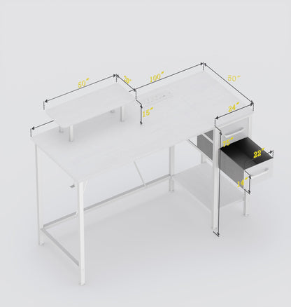 Xyphren 100cm Computer Desk with Drawers & Power Outlets, Office Desk with Storage Monitor Stand, Reversible Small Desks for Home Office Bedroom