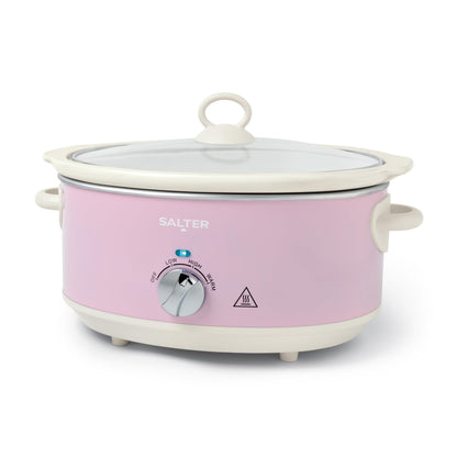 Salter Pink Retro 6.5L Slow Cooker  3 Heat Settings & Keep Warm, Dishwasher Safe Ceramic Pot, Tempered Glass Lid, Cool Touch Handles, Family Cooking,