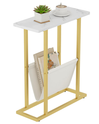 Yusong Small Narrow Side Table for Small Spaces, Slim End Table Magazine Table Nightstand with Storage Holder