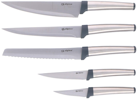 Alpina Knife Set - 5 Pieces: Including Bread Knife and Chef's Knife - Stainless Steel/Polypropylene