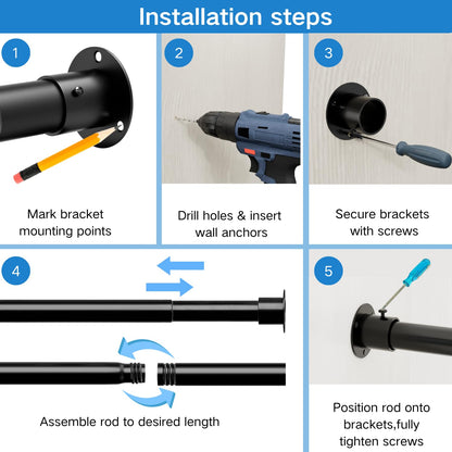 Wardrobe Rail Extendable Clothes Rail Adjustable Wardrobe Rail with Fixing Sockets and Screws for Wardrobe and Cloakroom, Black