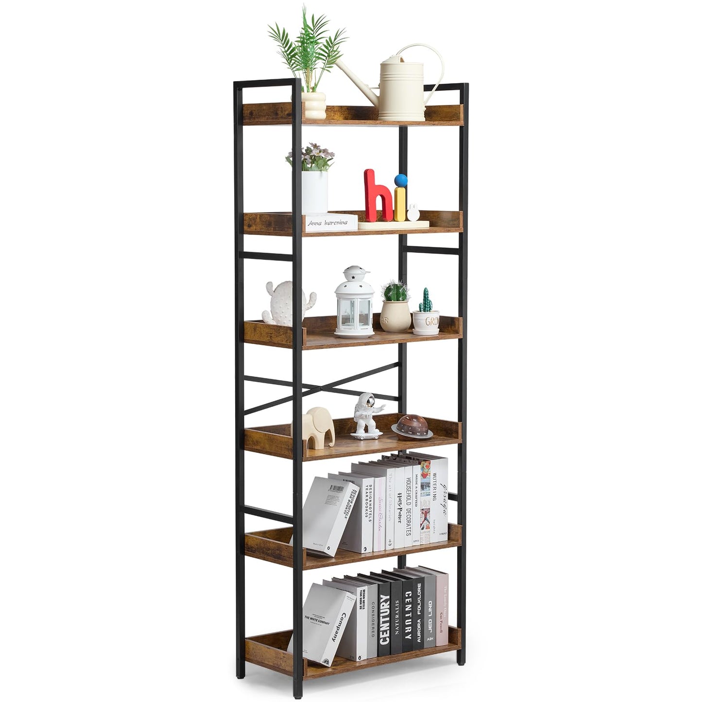 VEVOR Metal Bookshelf, 6-Tier Industrial Bookshelf, Tall Wide Rustic Vintage Storage Bookcase with Open Shelves