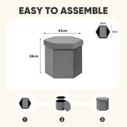 PINPLUS Hexagonal Storage Ottoman, Velvet Foldable Footstool, Grey