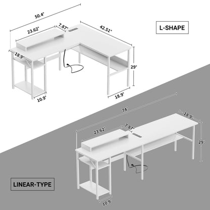 iSunirm L Shaped Desk, Gaming Desk with LED Lights, Reversible Computer Desk with Storage Shelves, Corner Table with Monitor Stand for Home