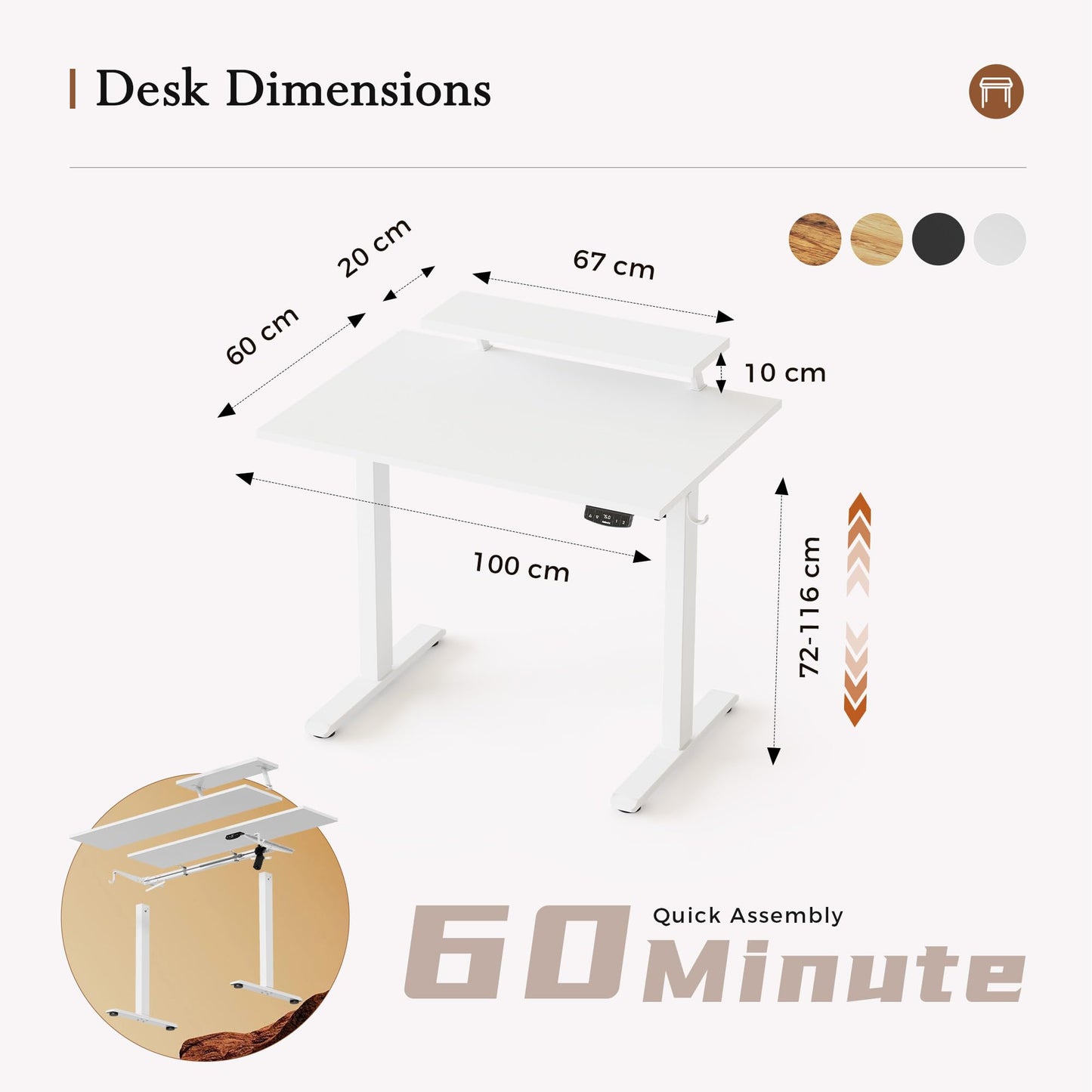 Klicelor Eletric Height Adjustable Desk, Movable Monitorstand, 100x60cm