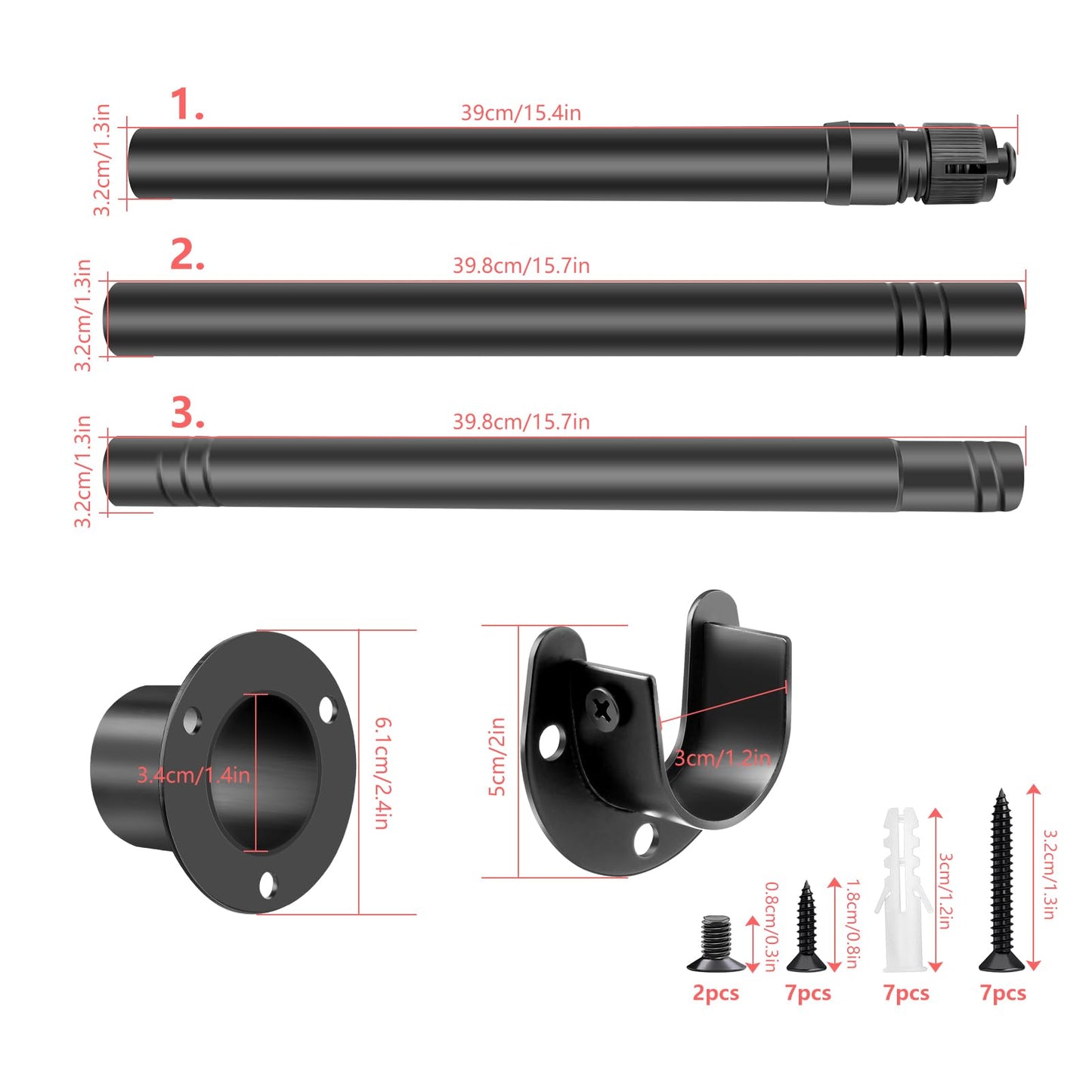 Extendable Wardrobe Pole Black 43-107cm Wardrobe Rails and Fittings 33mm Tube Diameter Stainless Steel Pole for Wardrobe with Screws and Fixing