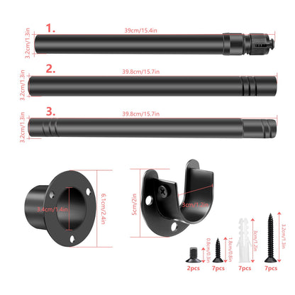 Extendable Wardrobe Pole Black 43-107cm Wardrobe Rails and Fittings 33mm Tube Diameter Stainless Steel Pole for Wardrobe with Screws and Fixing
