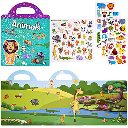 ASTARON 3D Sticker Scenes Book for Kids,88 Pcs Reusable Animals Jelly Stickers for Toddlers, Puffy Sticker Game Educational Sensory Learning Toy, Party Supplies Birthday Gift,4 Fold-Out Choices