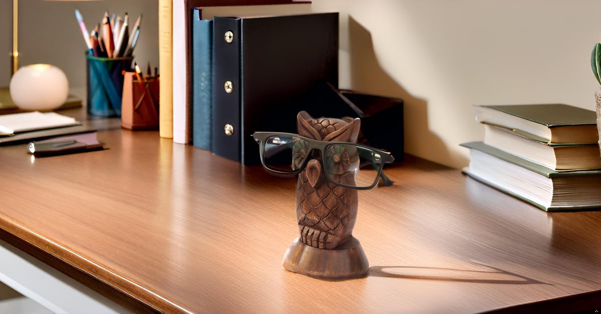 Ajuny Handcrafted Wooden Eyeglass Spectacle Holder - Handmade Owl Design Eyewear Wood Display Stand