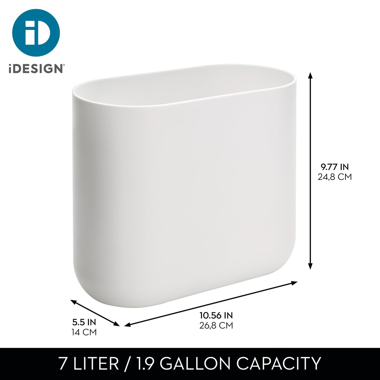 iDesign Compact Bathroom Bin, Slim Plastic Bin for Bathroom, Bedroom or Office Waste, Durable Bin with Sleek and Elegant Design, White
