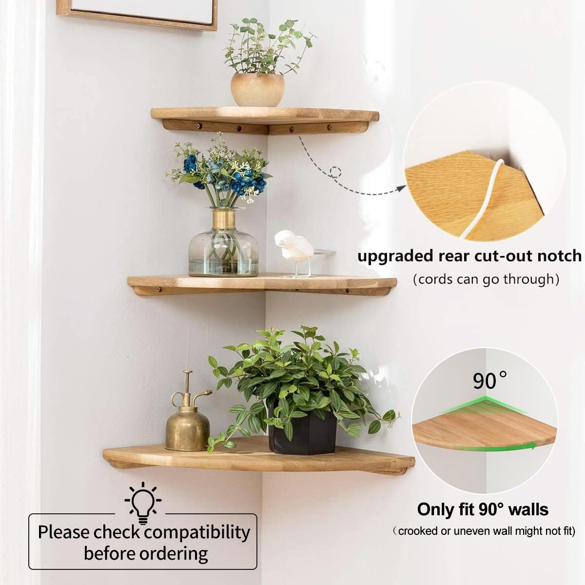 GIEANOO Corner Shelves, Solid Oak Wood Set of 2 12inch Floating Corner Shelves Wall Mount Round End Floating Speaker Shelf With Wire Hole Shelf for