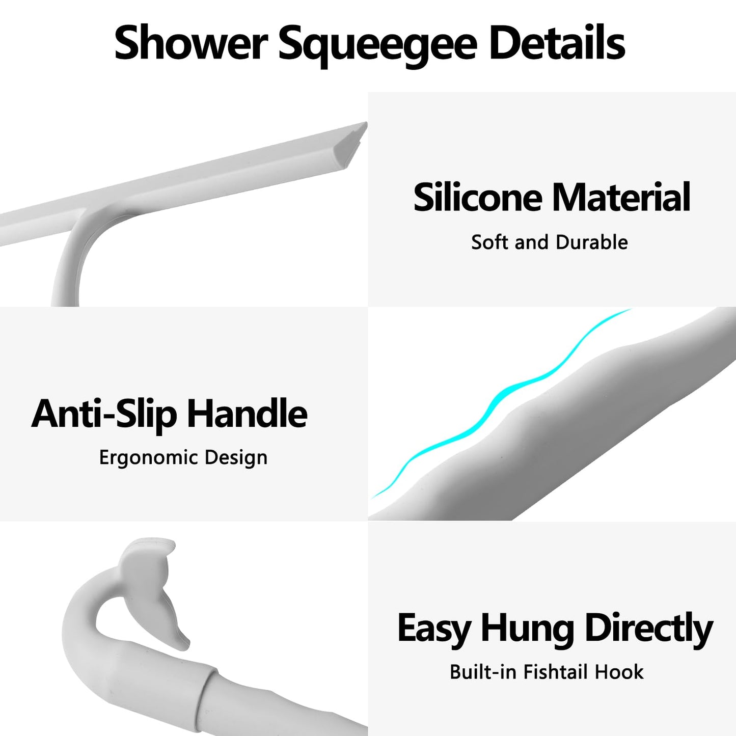 Shower Squeegee for Glass Doors, 25cm All-in-One-Piece Silicone Squeegee with Built-in Hook,Streak-Free Cleaning for Shower Doors