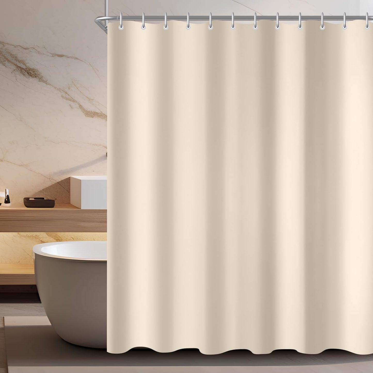 Lerores Shower Curtain, 190 x 180 cm, Beige, Weighted Hem, Mildew Proof, Waterproof, Washable, Polyester Fabric Shower Curtain for Bathroom, Bathtub