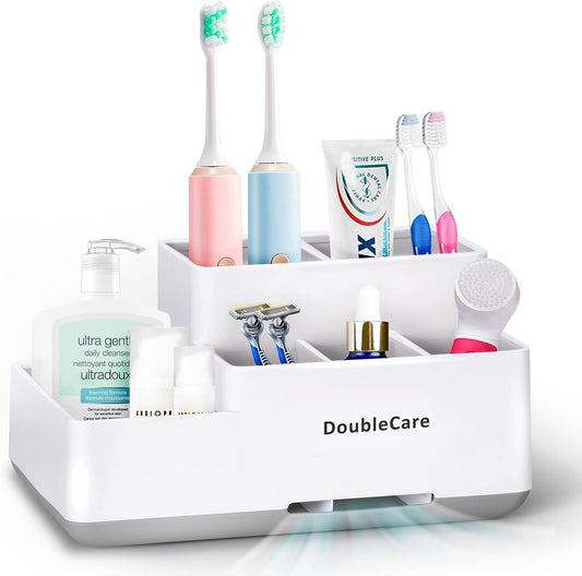 DoubleCare Toothbrush Holder,Bathroom Organizer Countertop Detachable for Easy Cleaning, Multifunctional Storage,Bathroom Caddy for