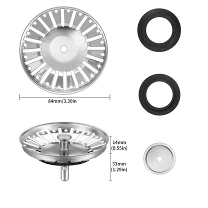 HUAERSICO Stainless Steel Kitchen Sink Plug Replacement, Diameter 84 mm, Kitchen Sink Strainer for Food, Two Spare Seals